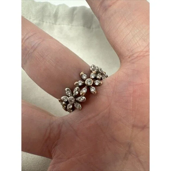 Diamonique Sterling Silver Clad Floral Eternity Band Ring Size 9 Flower Band - Picture 6 of 7